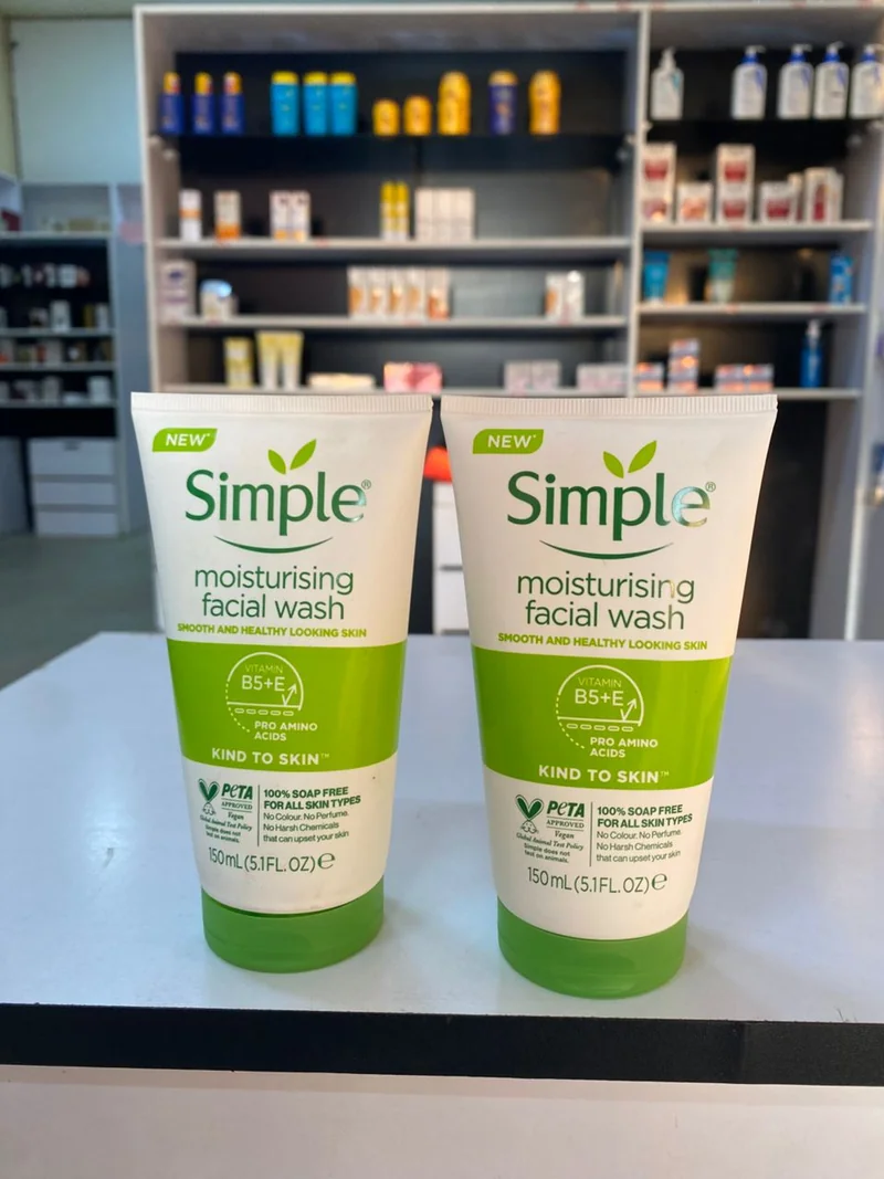 Two Simple moisturising facial wash tubes labeled 150 mL