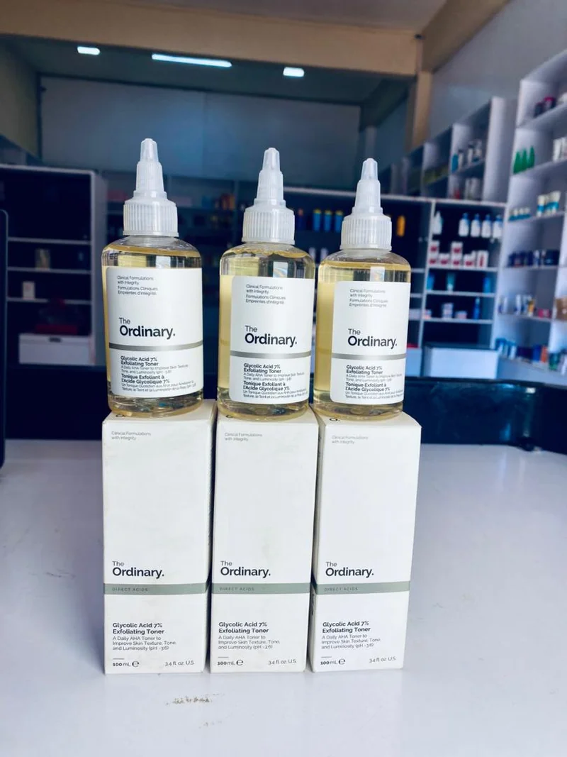 Three matching The Ordinary Glycolic Acid 7% toner bottles with 100 mL boxes
